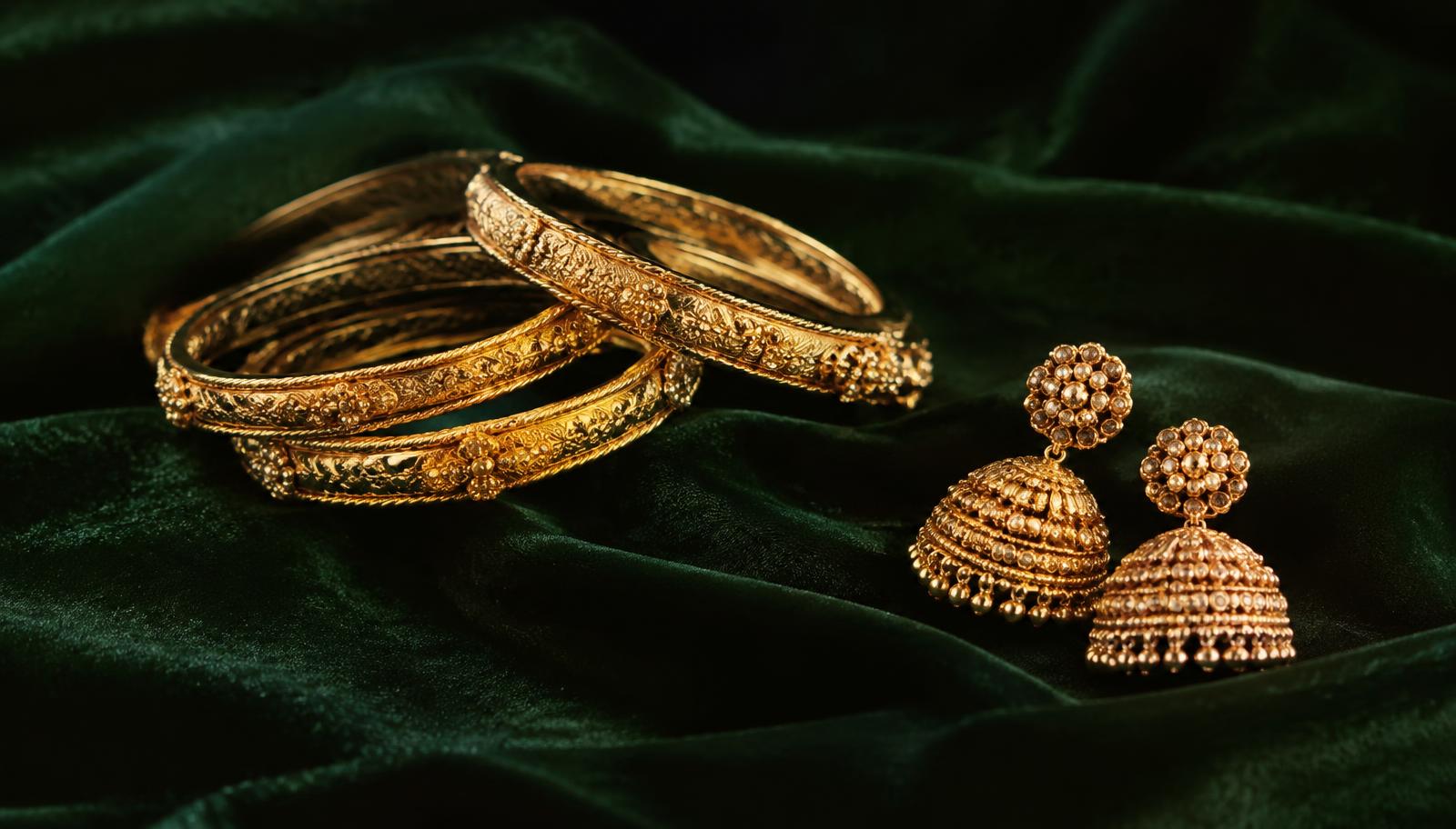 Gold bangles and jhumkas on green velvet