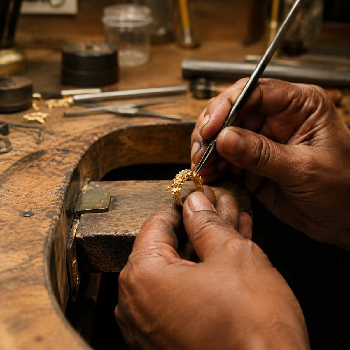 Artisan hands shaping a gold ring